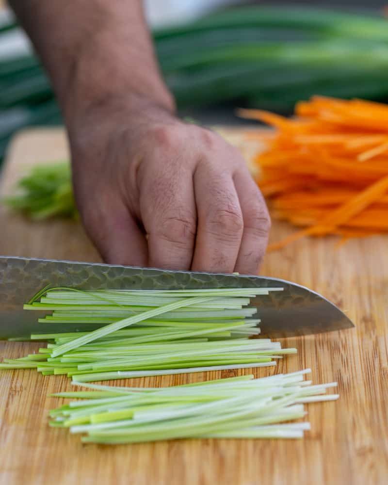 Julienned carrots, leeks