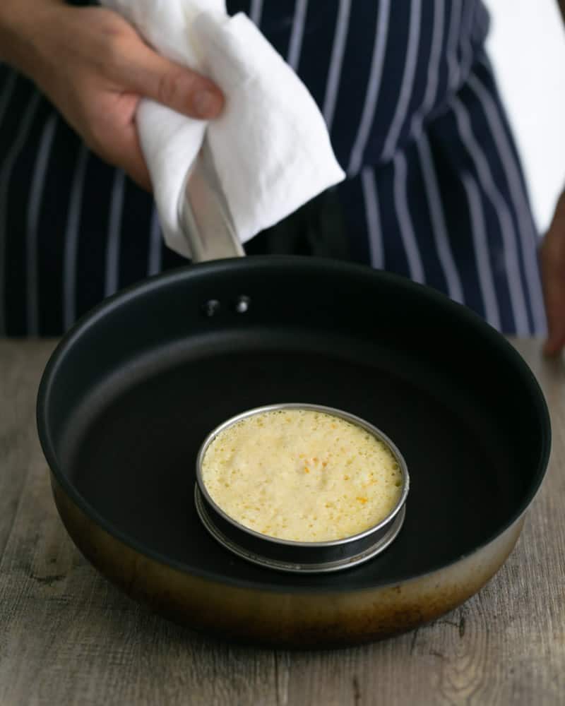 Souffle-Style Pancakes made with a ring mould in a hot pan