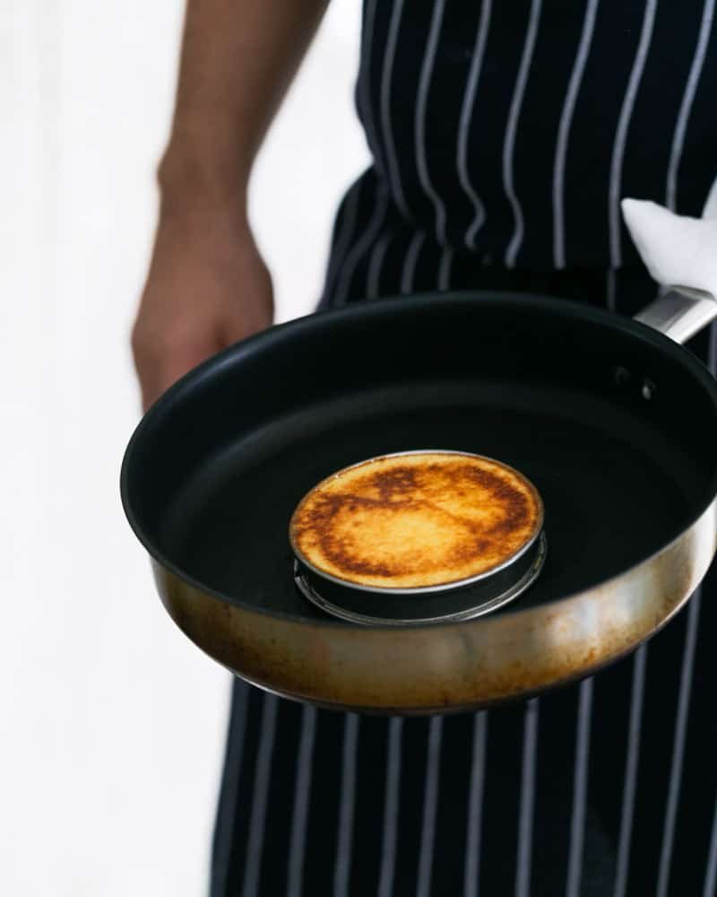 Souffle-Style Pancakes made with a ring mould in a hot pan