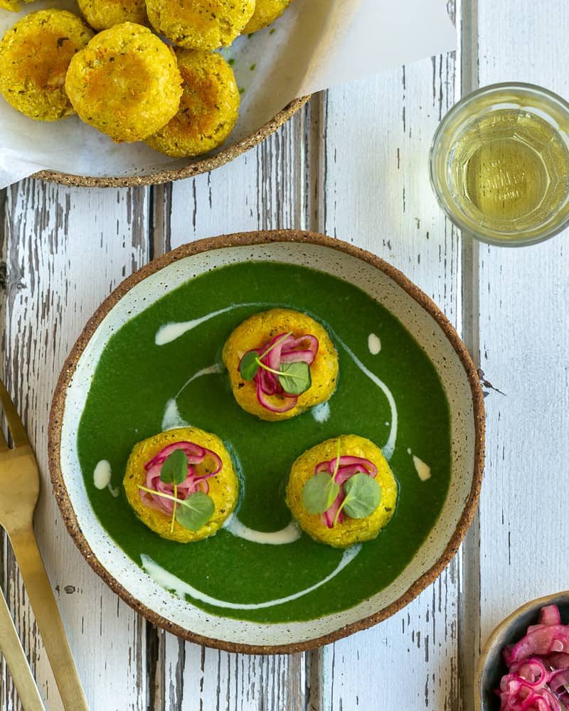 Paneer and Potato Dumplings with Spinach Sauce