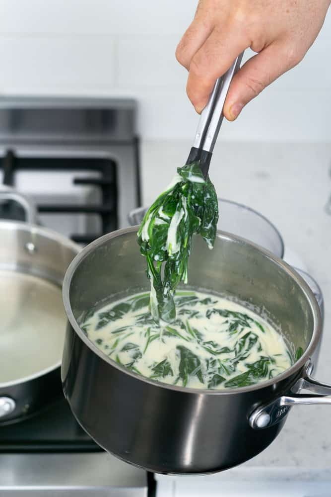 Spinach vegetable cream stock transferred to blender for to make spinach sauce