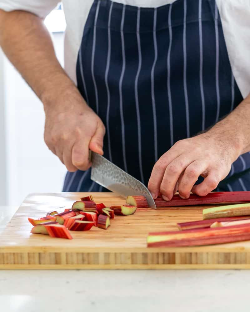 Rhubarb cut at an angle in a diamond shape