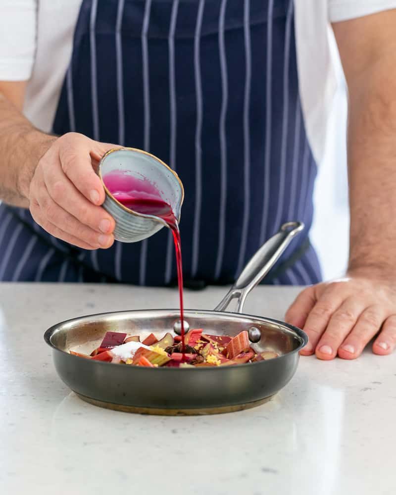 Adding grenadine to rhubarb poaching liquid