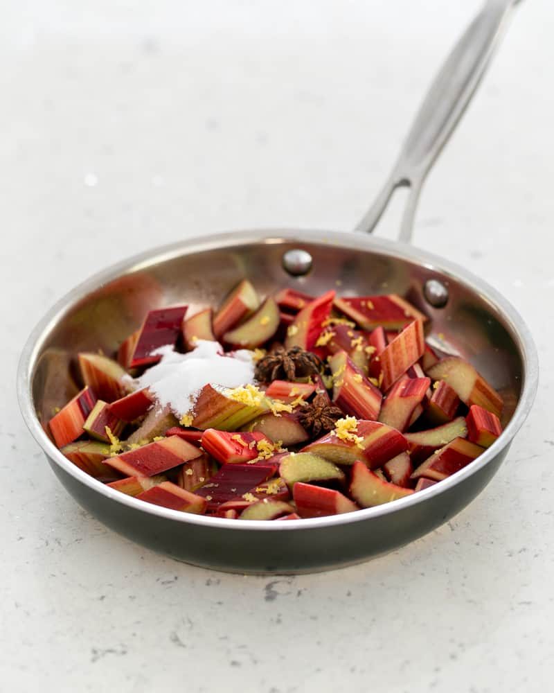 All ingredients in the pan to poach rhubarb