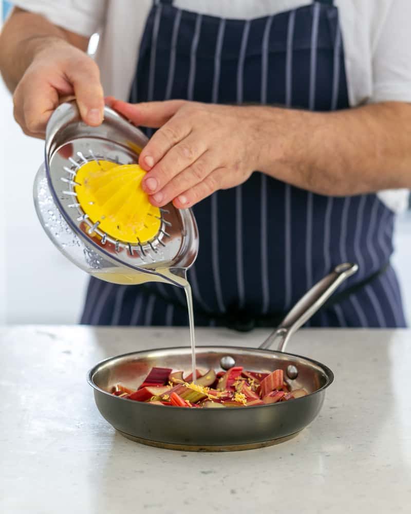 Lemon juice added to rhubarb poaching liquid