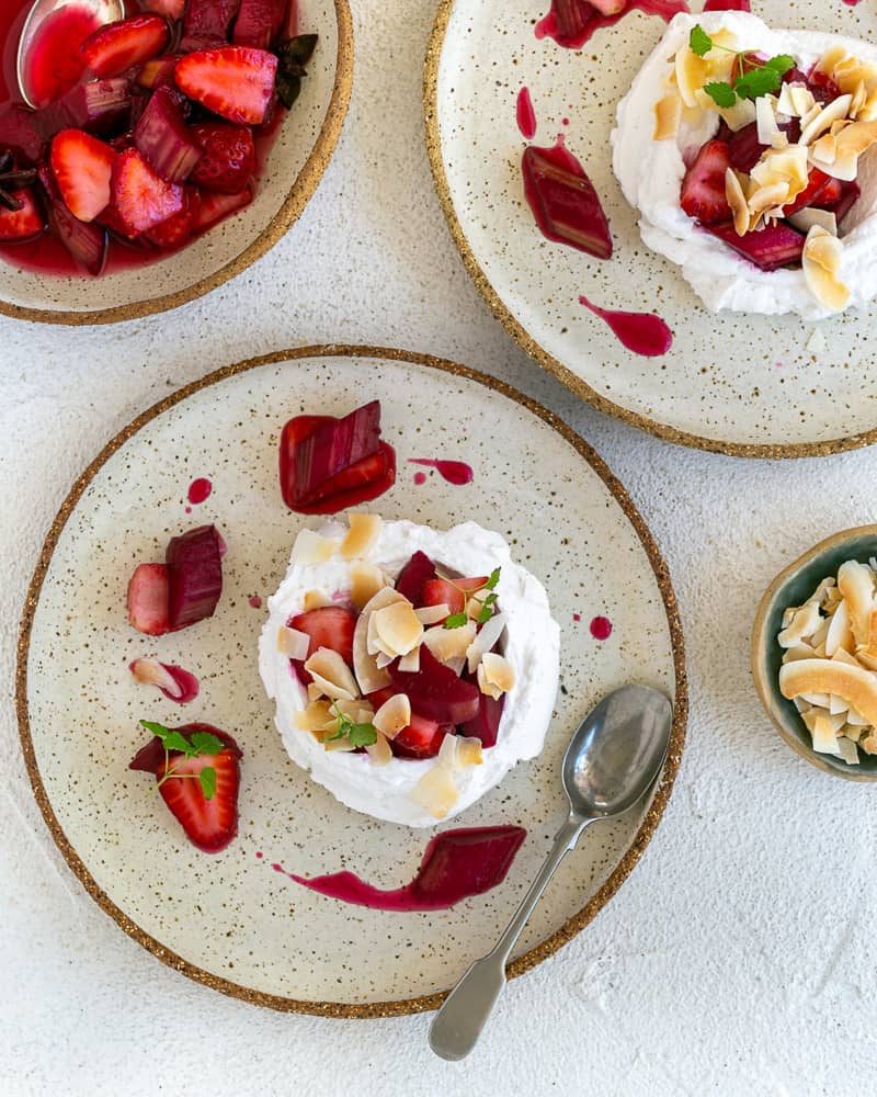 Poached Rhubarb with Strawberries with Coconut Chantilly