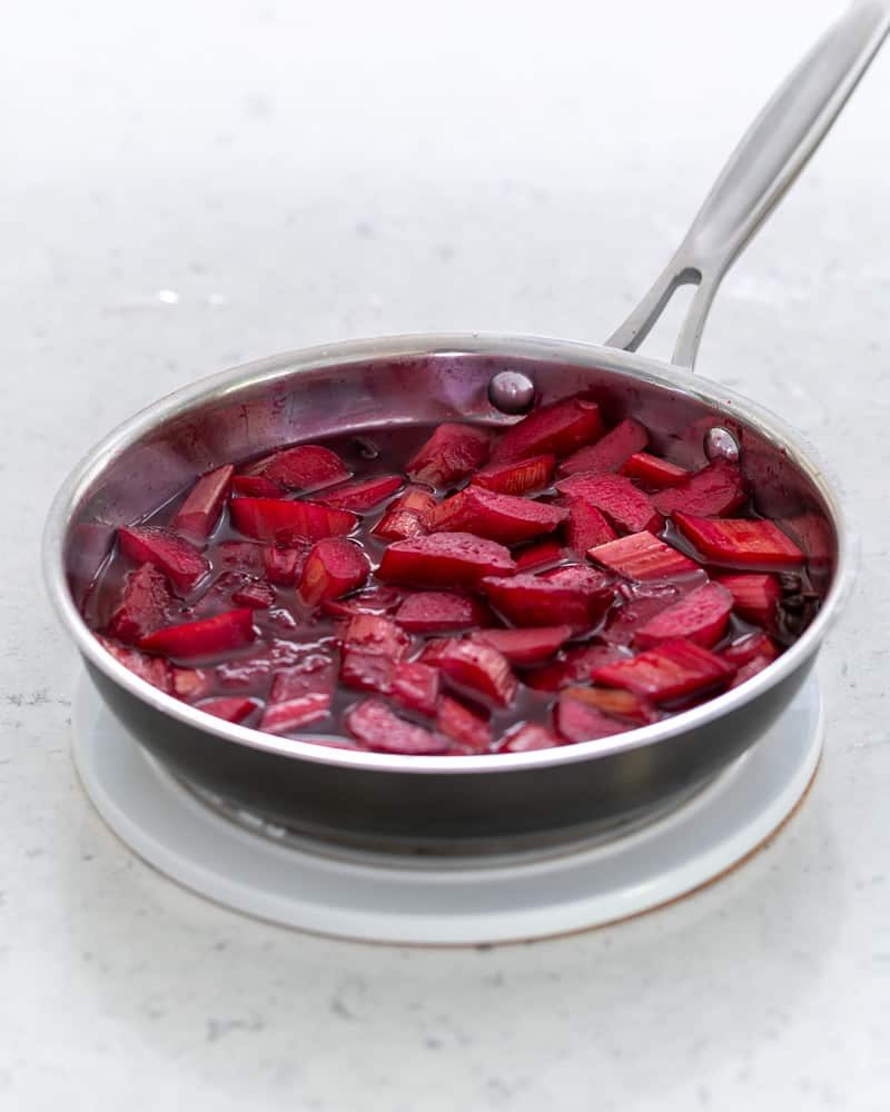 Poached rhubarb in the pan