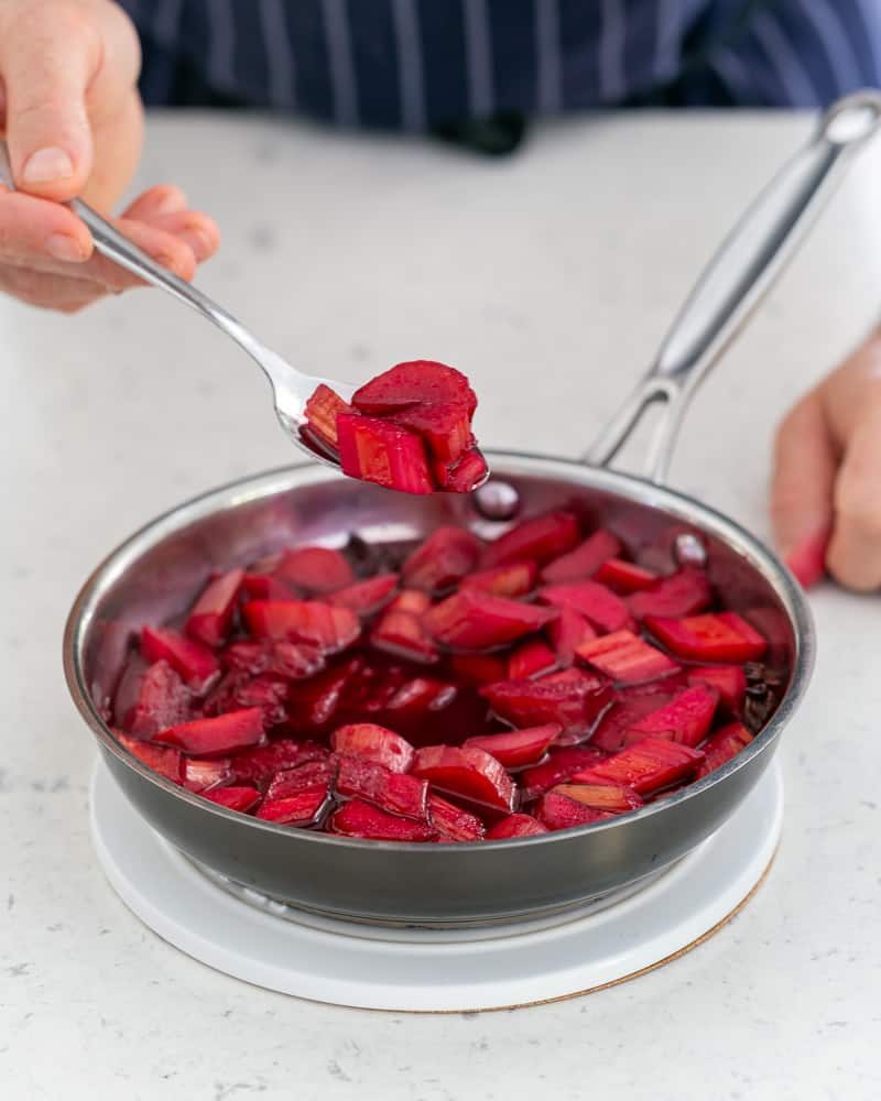 Poached rhubarb in the pan