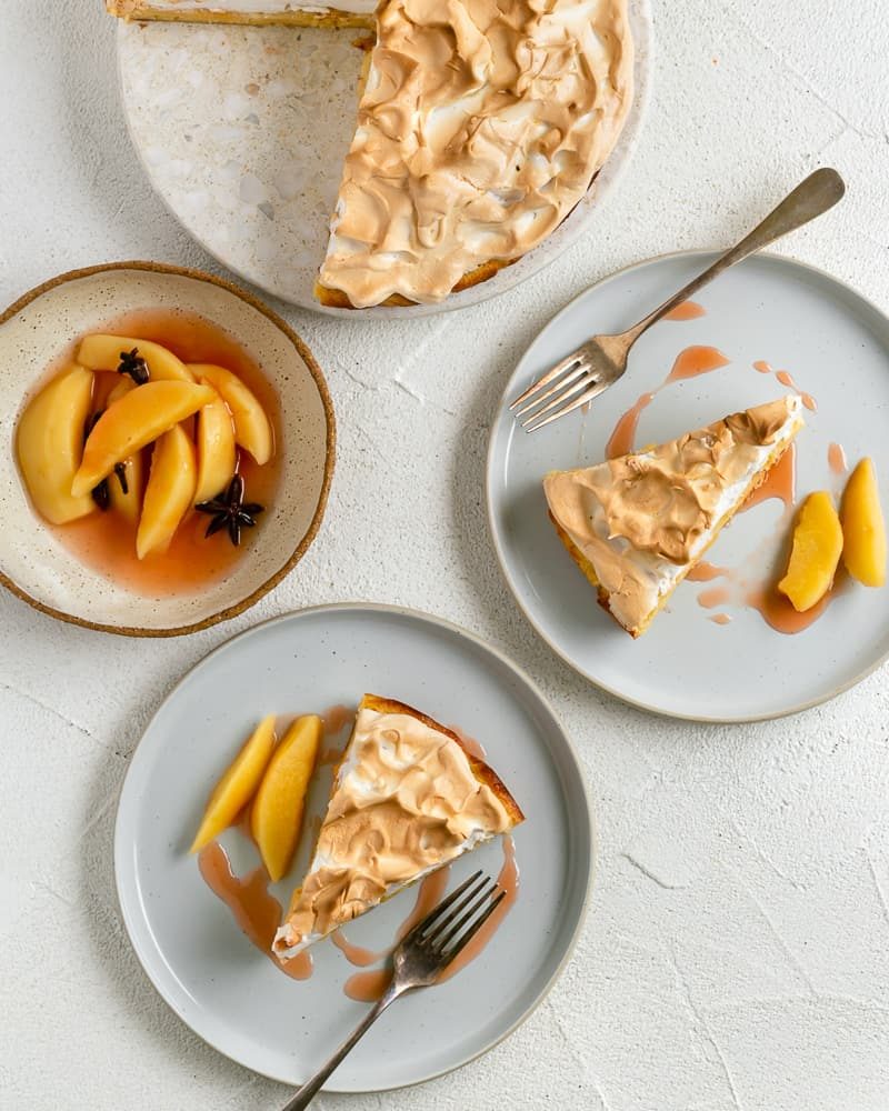 Quince tart with meringue overhead flatlay