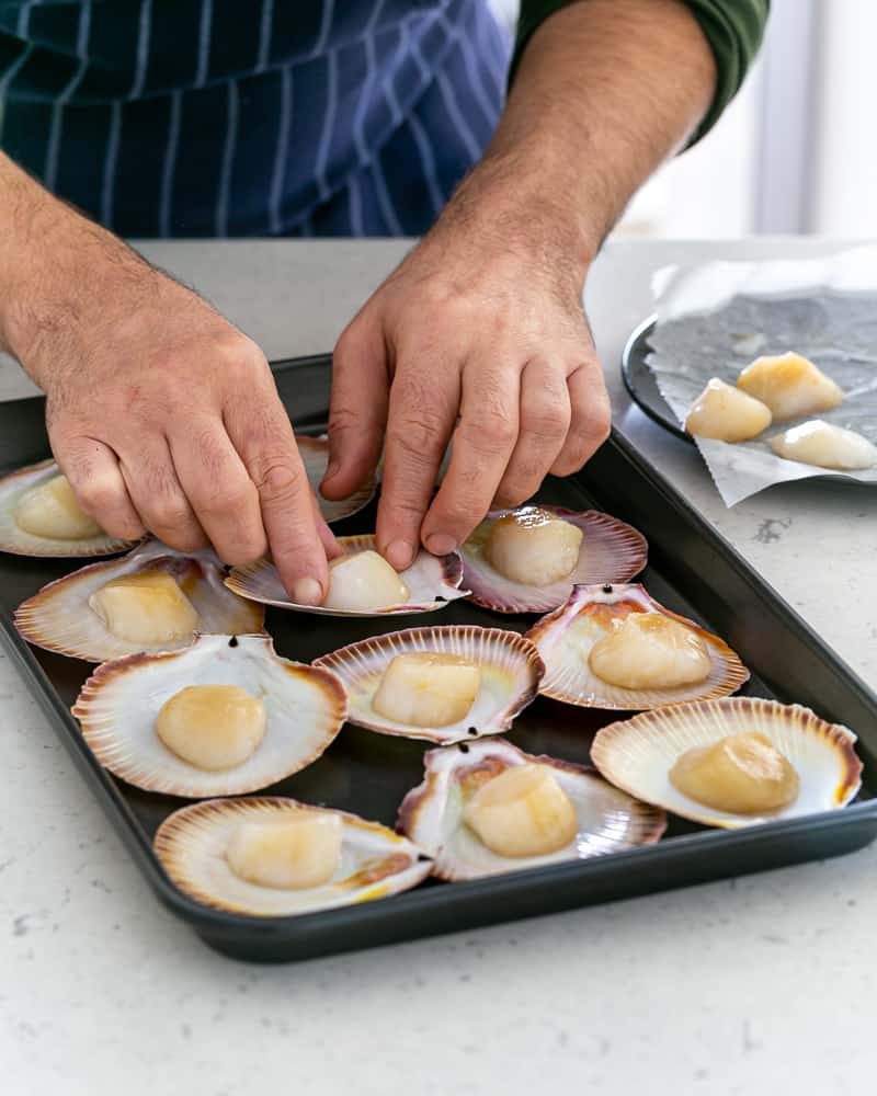 Arranging scallops in their shells on a baking tray