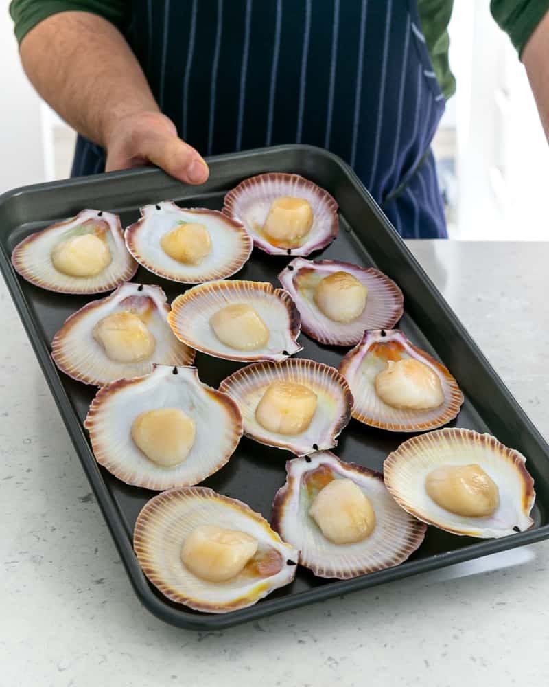 Arranging scallops in their shells on a baking tray
