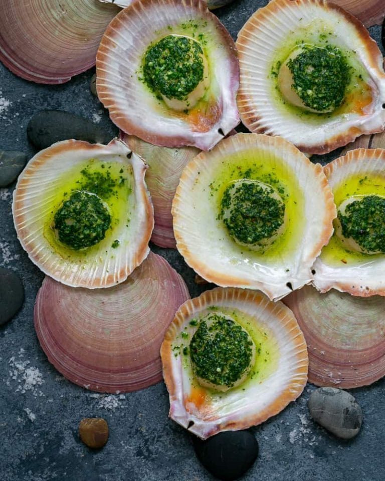 Scallops Baked in the Shell with Garlic Herb Butter between2kitchens