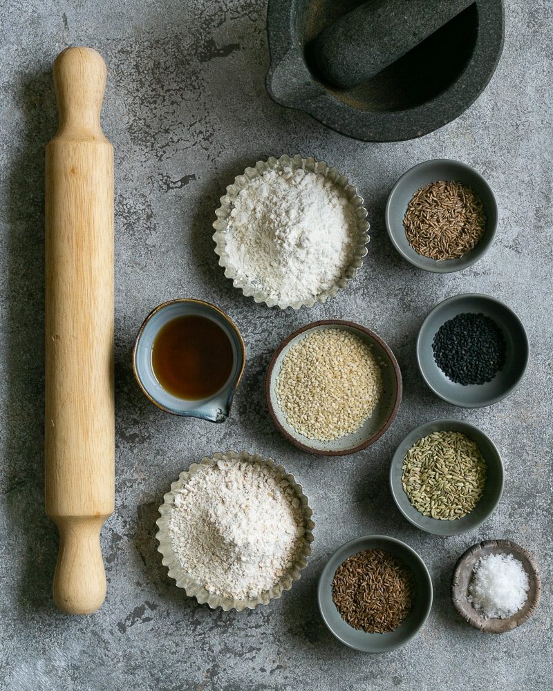 Ingredients laid out to make Spiced Lavosh Crackers