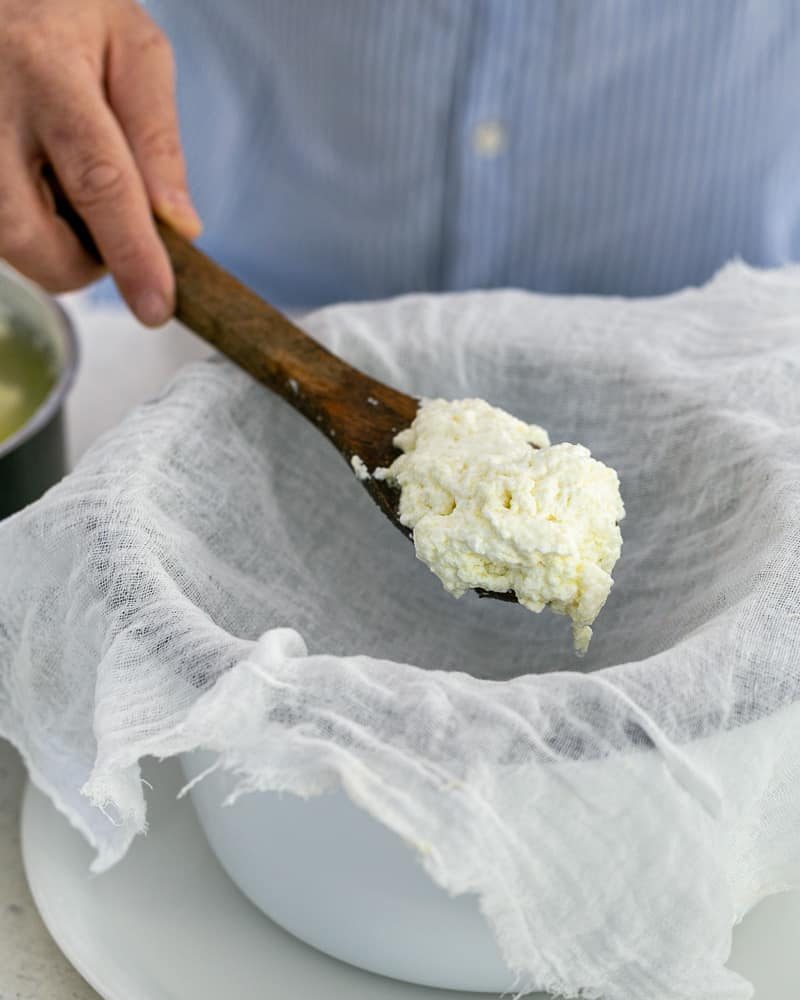 Using a wooden spoon transfer the curdled milk to muslin cloth over a sieve to make paneer