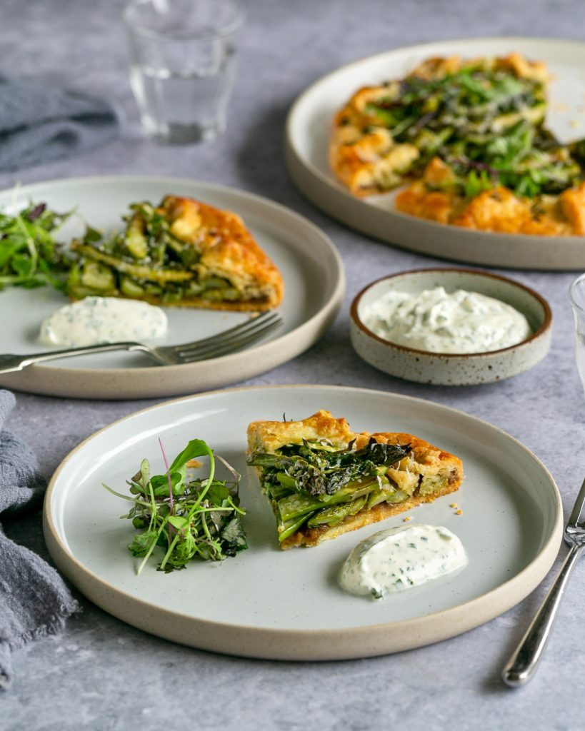 Plated asparagus and parmesan crostata