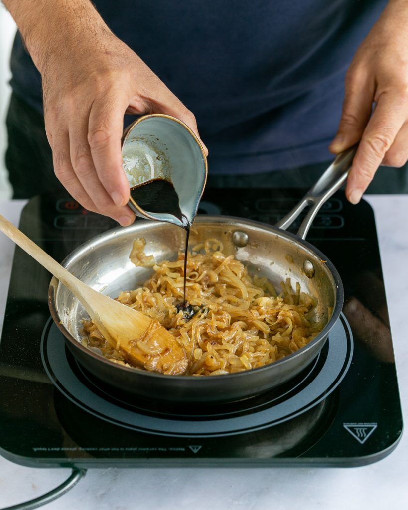 Balsamic Vinegar added to Caramelise onions for the crostata filling