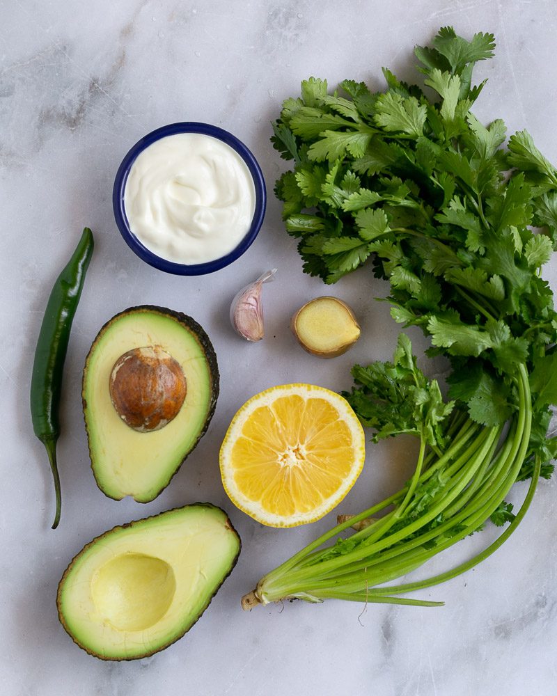 Ingredients required to make Avocado and Coriander dip