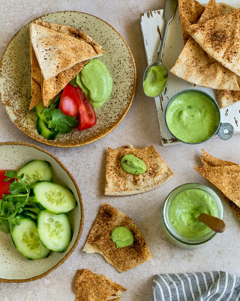 Avocado and Coriander Chutney served with crispy Lebanese bread