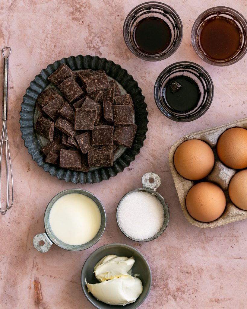 Ingredients for making dark chocolate mousse with coffee granita