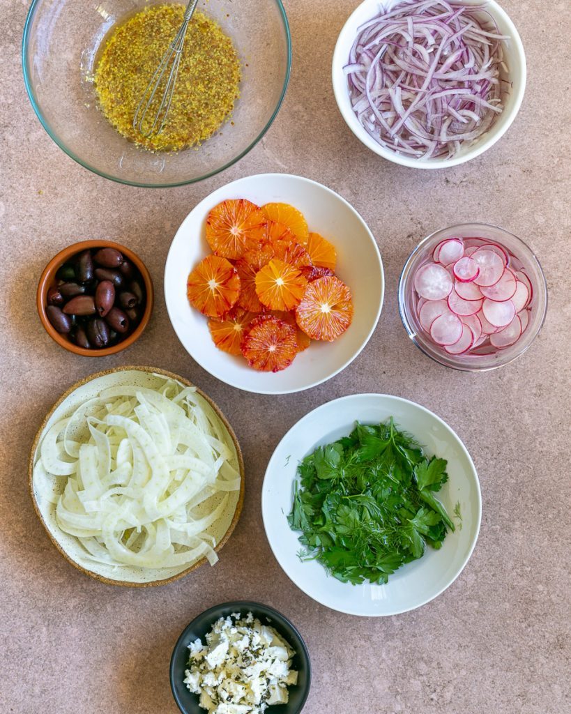 Chopped Ingredients for the fennel blood orange salad with mustard dressing