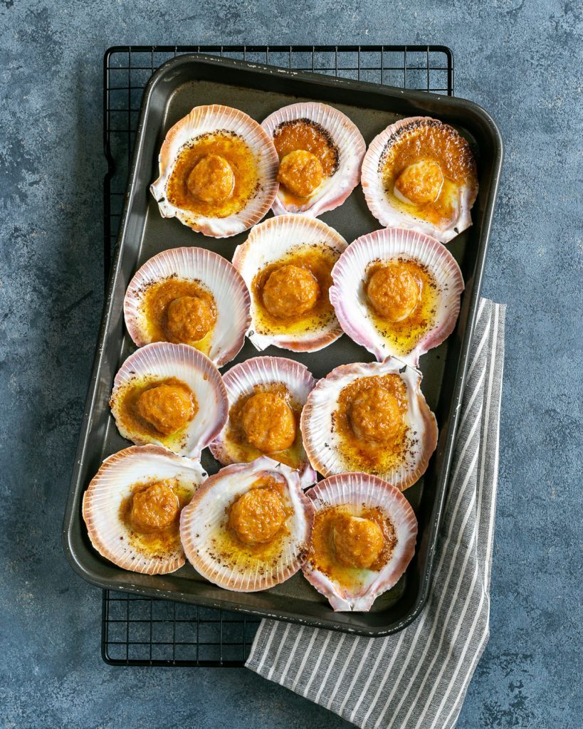 Freshly oven baked Scallops with the miso ginger butter