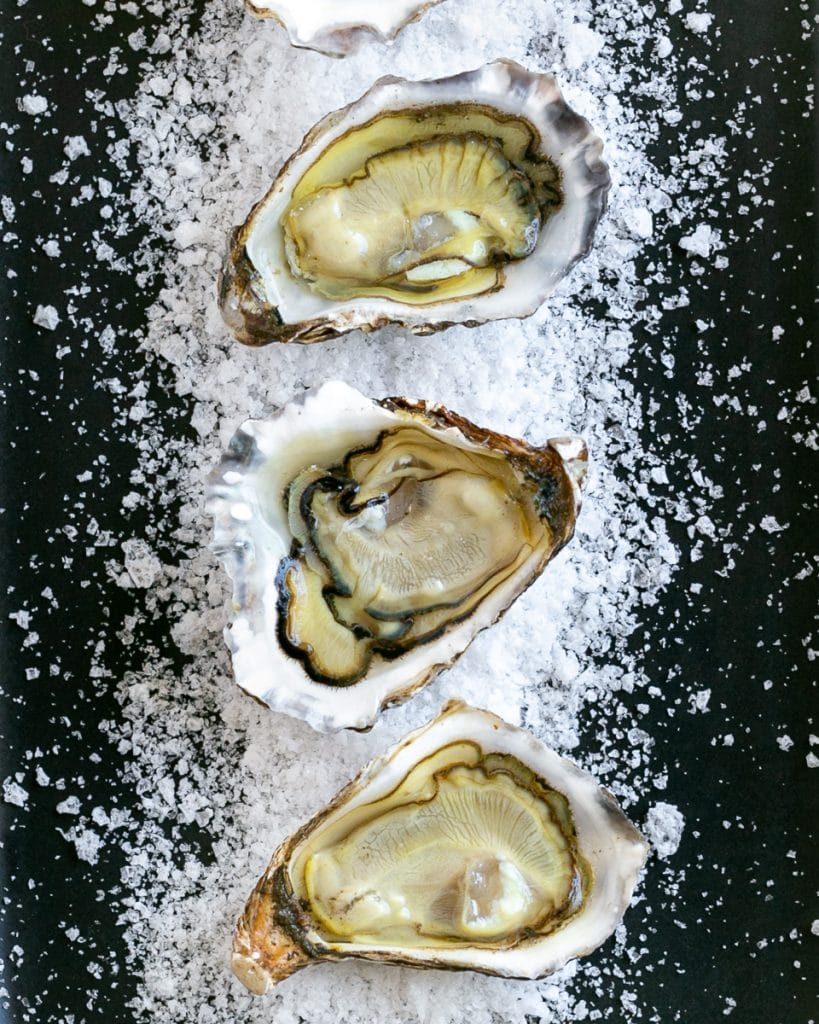 Freshly shucked oysters served raw on rock salt