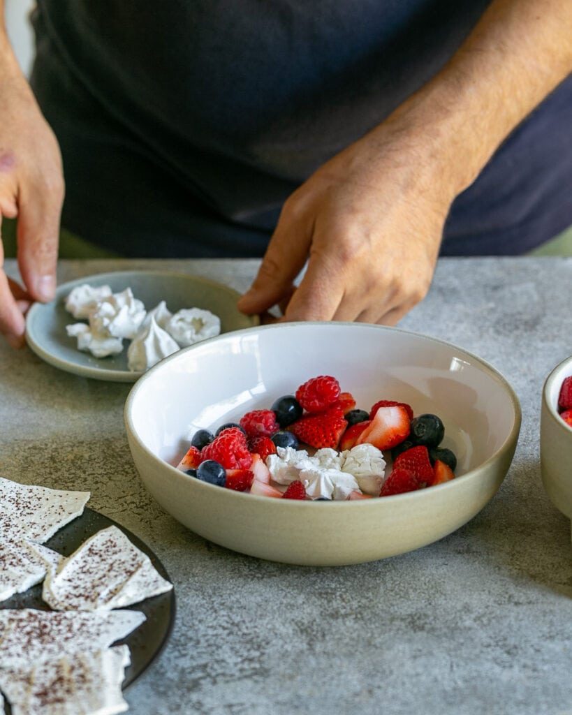 Using crushed meringue drops for dessert plate up