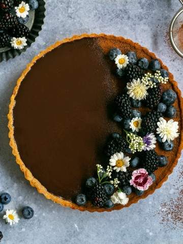 Chocolate ganache tart decorated with fresh berries