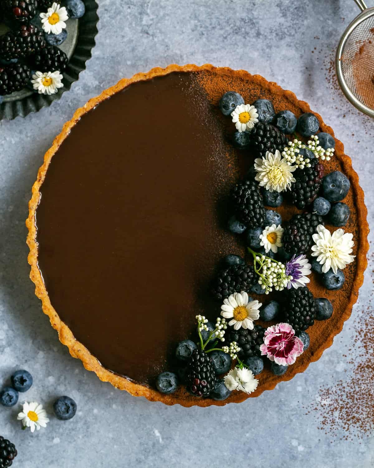 Chocolate ganache tart decorated with fresh berries