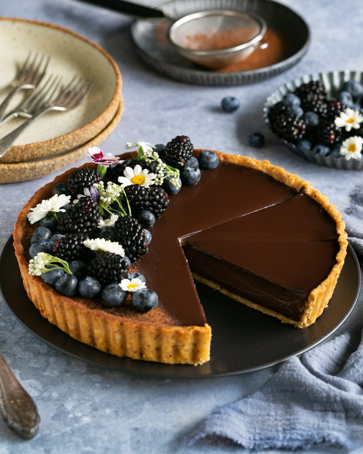 Sliced chocolate ganache Tart