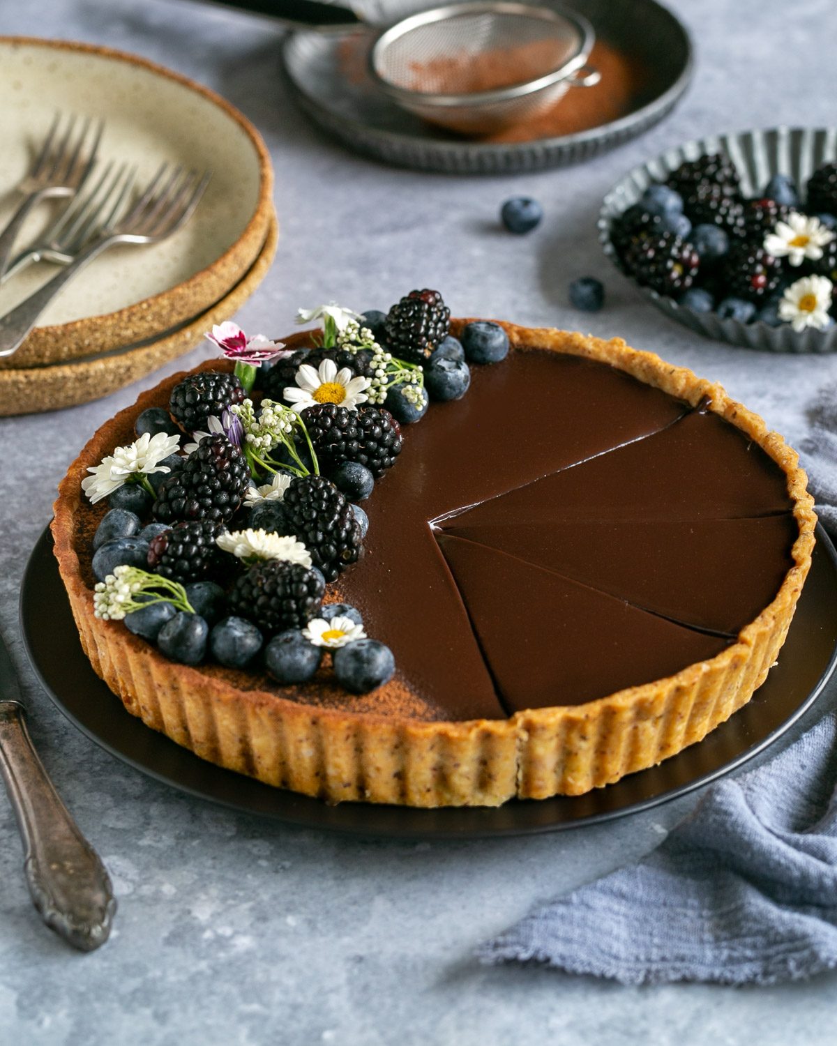 Sliced chocolate tart