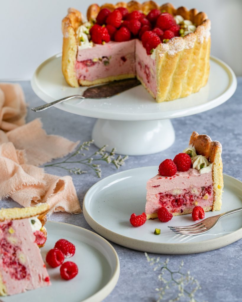 Cut slice of French Raspberry Charlotte Cake 