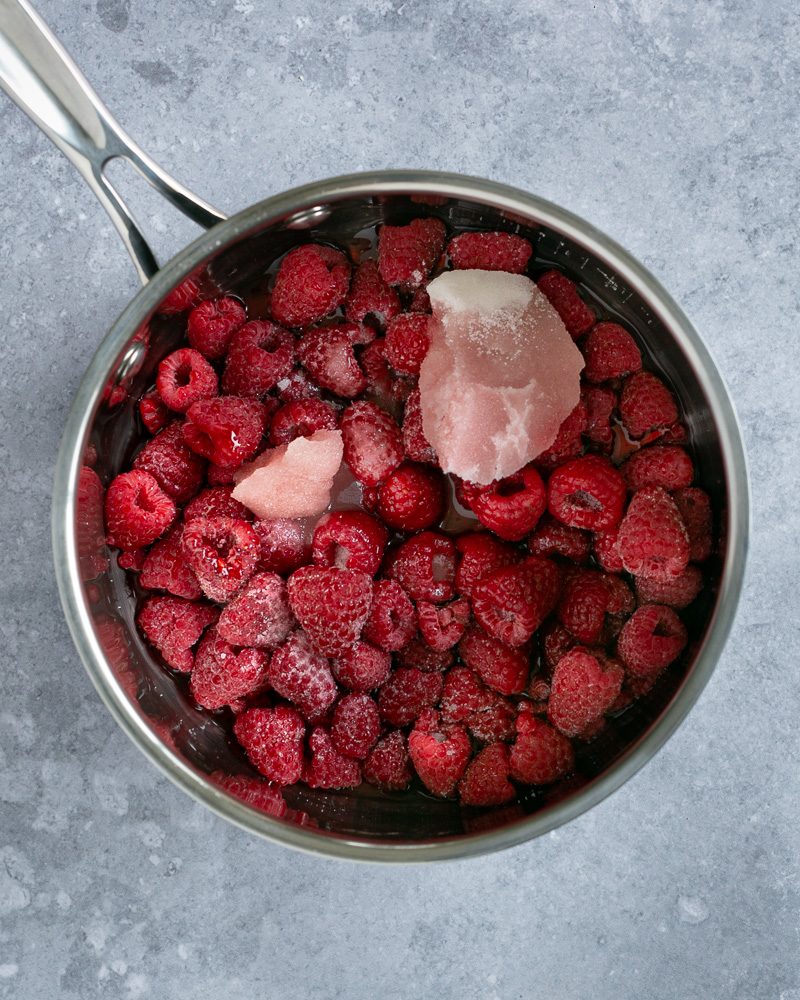 Frozen raspberries with sugar and Chambord