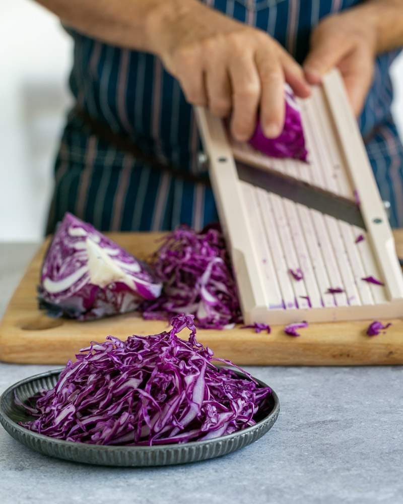 Slicing cabbage with a Japanese mandoline
