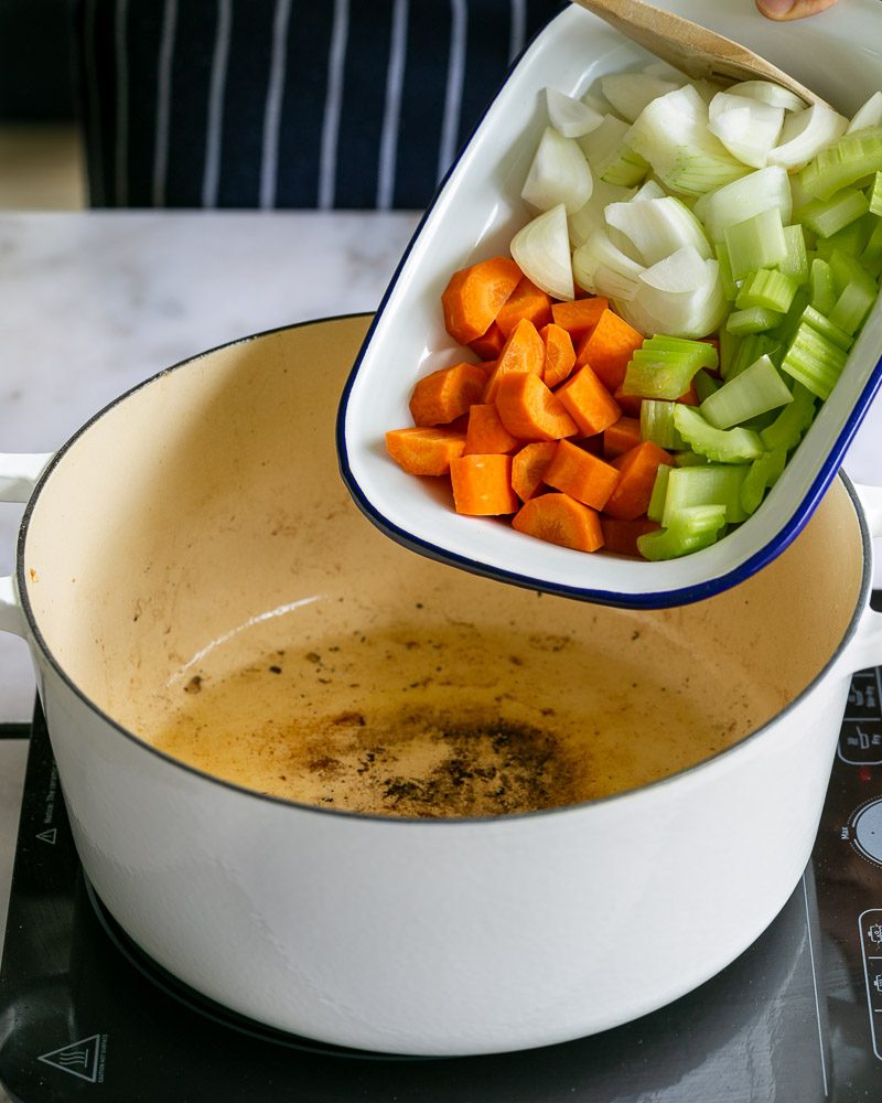 Adding mire poix to the pot