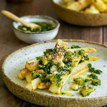 Close up of Roasted Parsnips plated with gremolata
