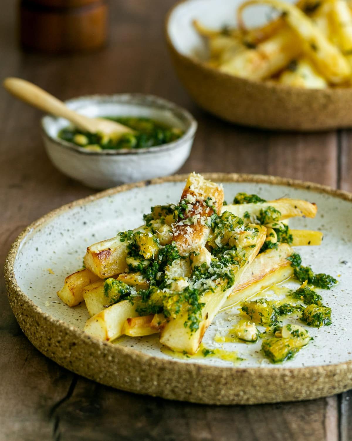 Close up of Roasted Parsnips plated with gremolata 