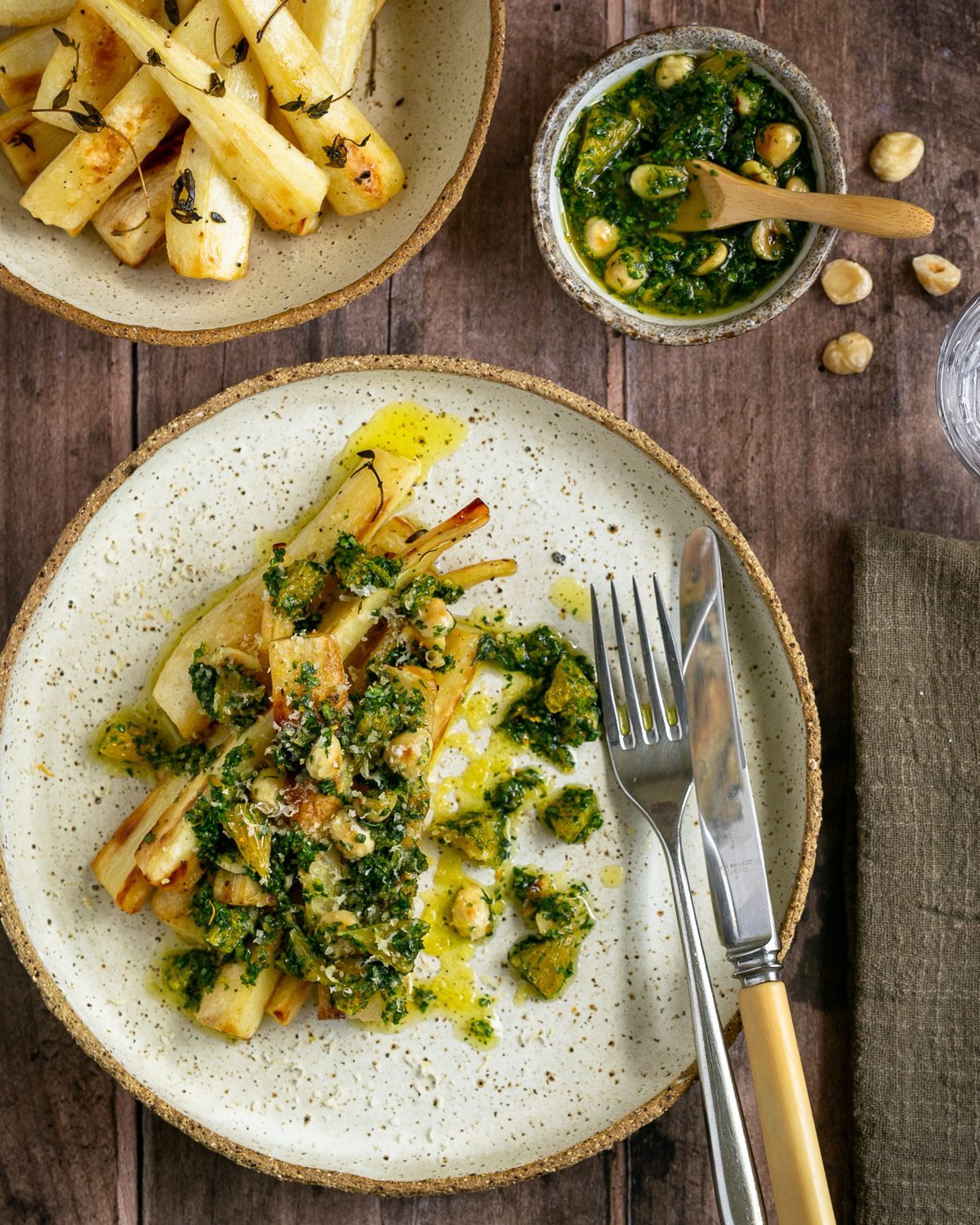 Overhead image of Roasted Parsnip with Hazelnut Gremolata  plated up