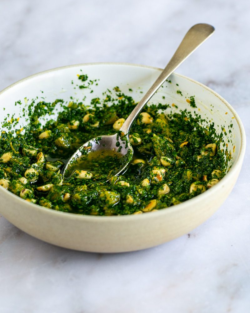 Gremolata in a bowl with a spoon