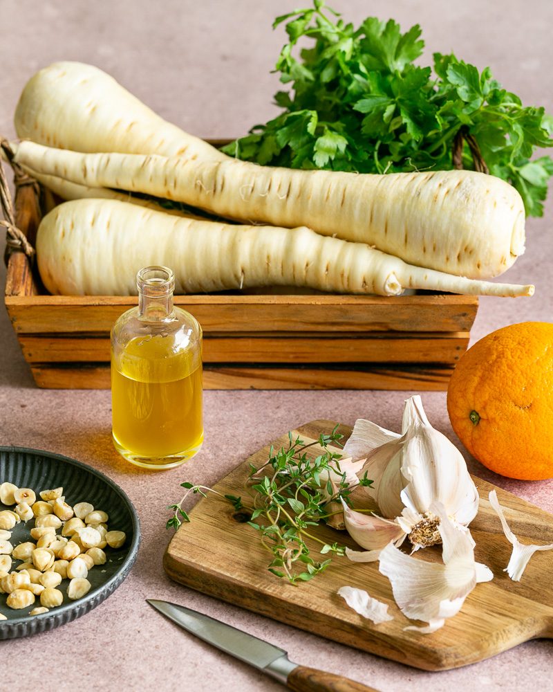 Ingredients to make Roasted Parsnip with Orange and Hazelnut Gremolata