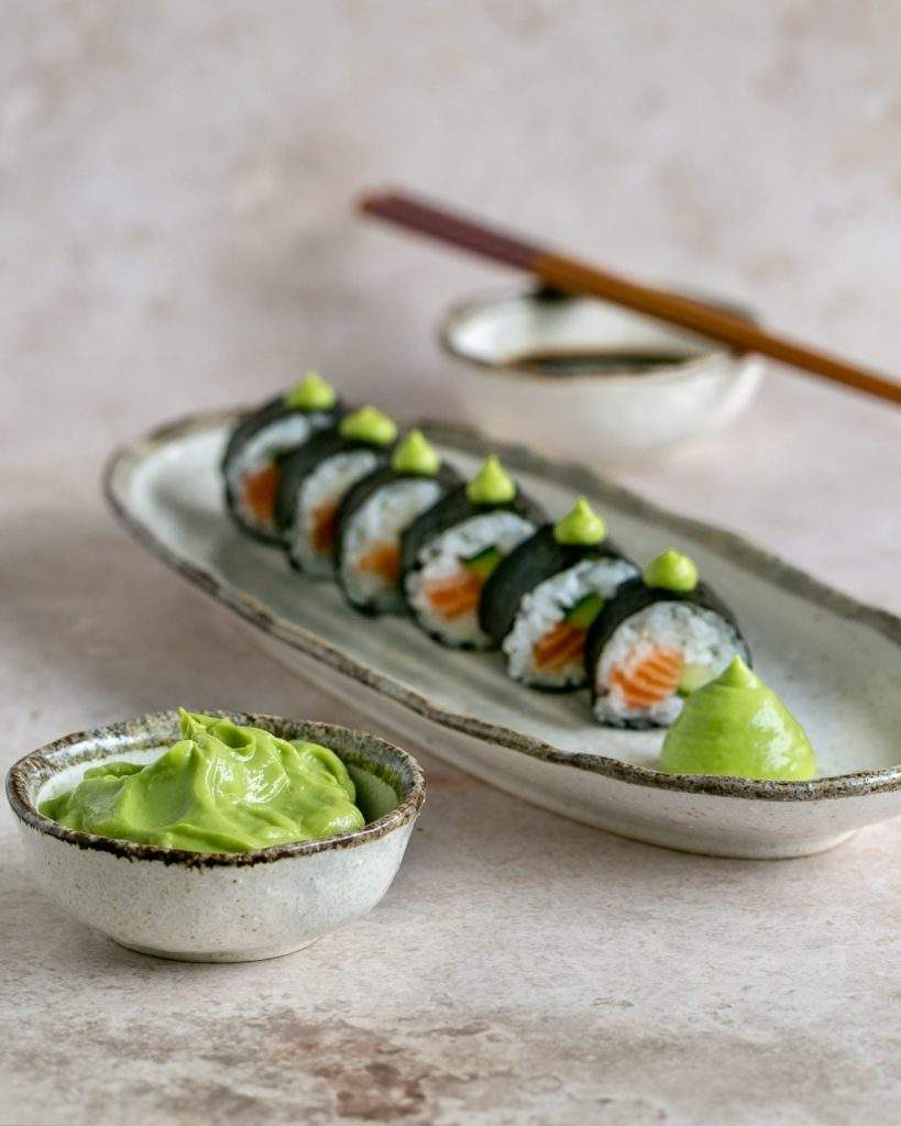 Avocado and Wasabi sauce in a small bowl