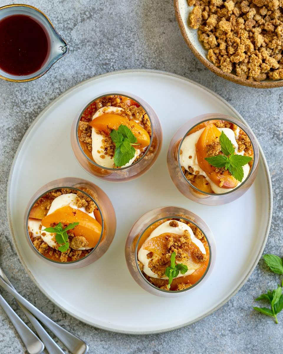 Plated glass desserts on a cake stand