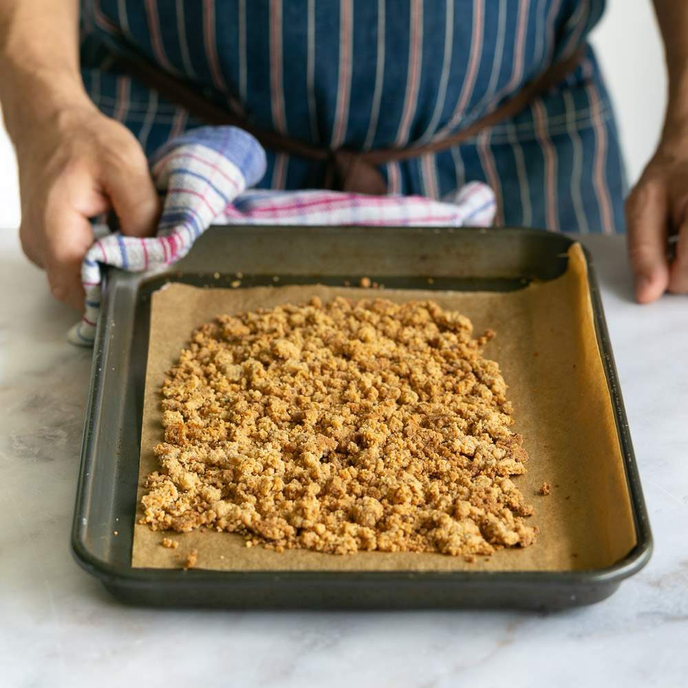 Baked Almond crumble on a baking tray