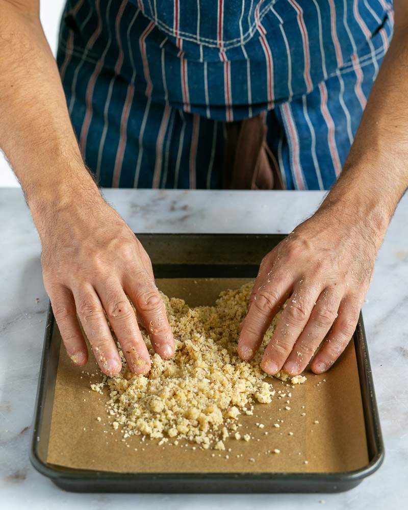 Crumble mixture on baking tray