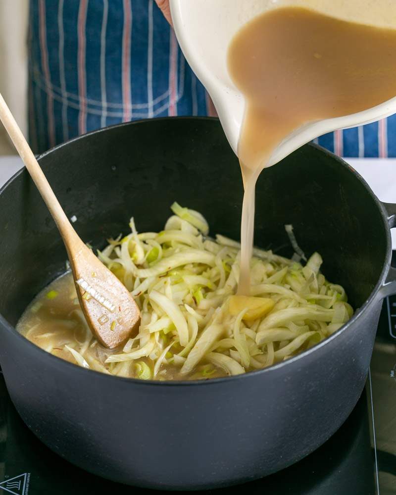 Adding mussel stock to cook vegetables