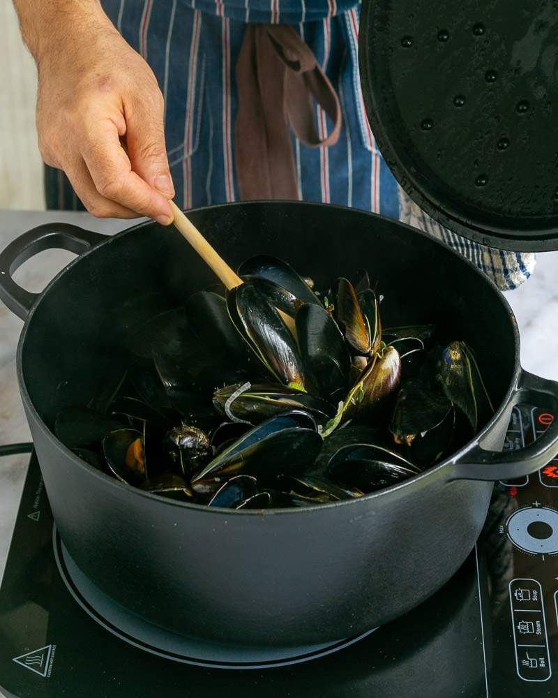 Cooking mussels in a pot