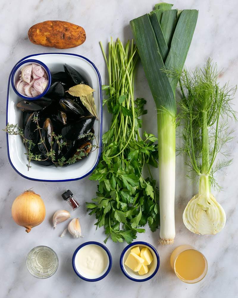 Ingredients to make Mussels soup