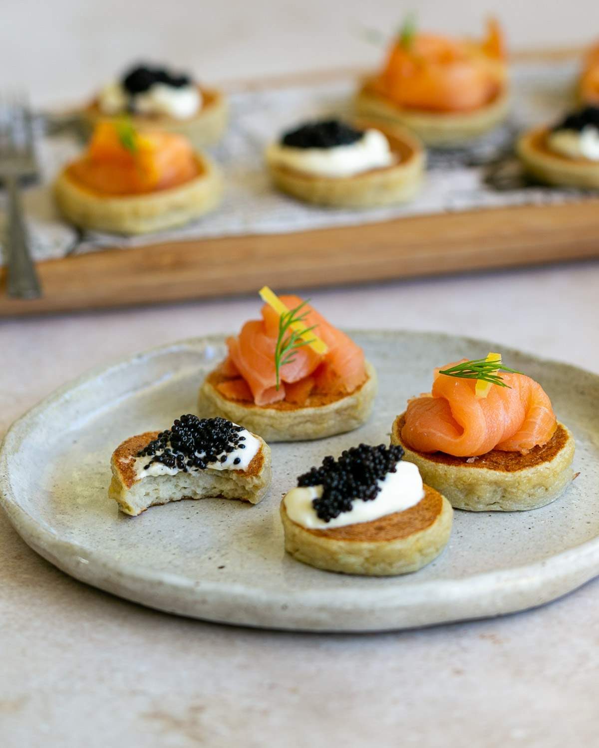 Potato Blinis canapes in a plate