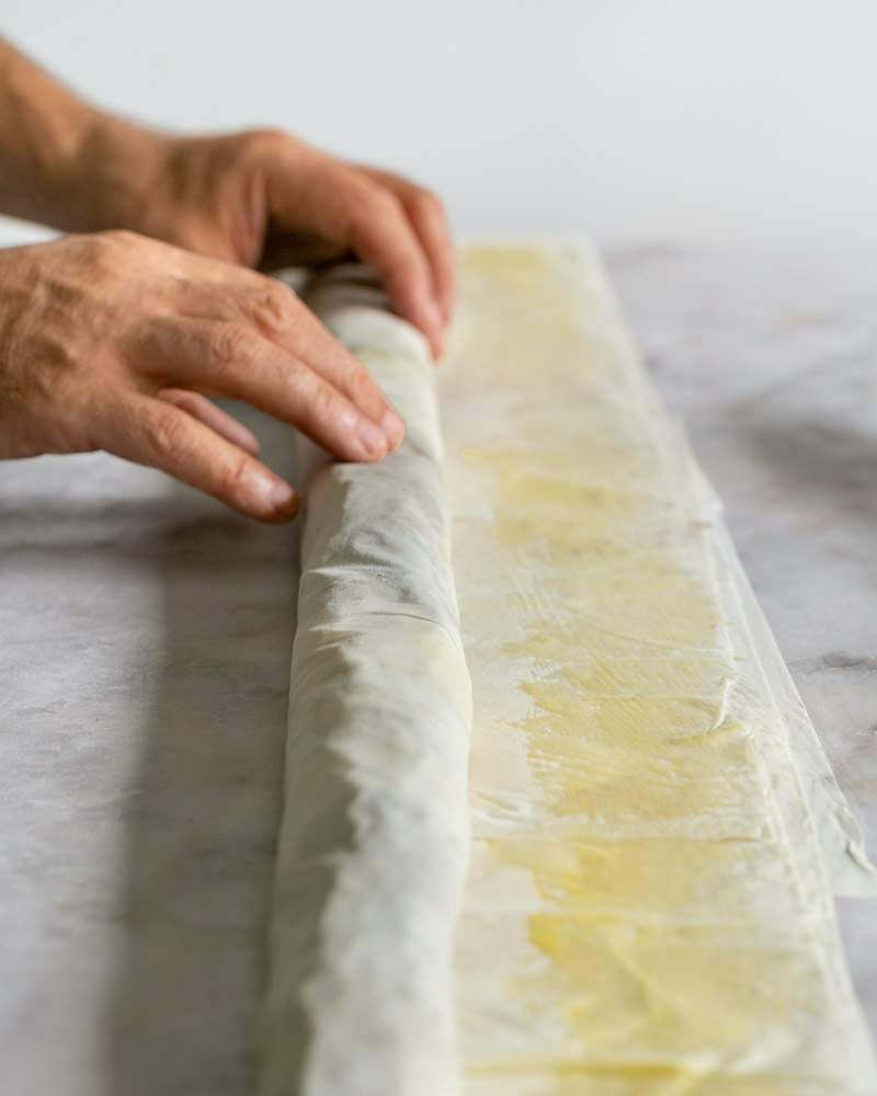 Rolling filling in filo sheets