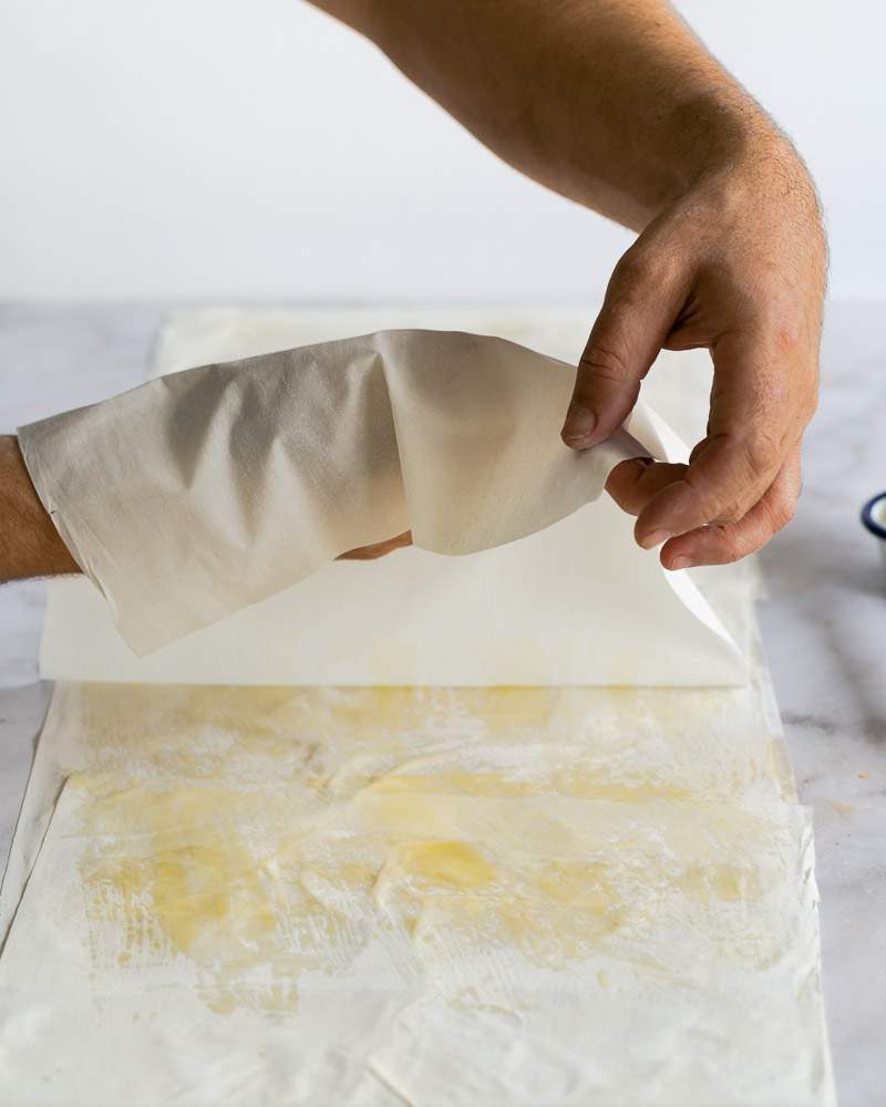 Preparing filo sheets for braised red cabbage filling